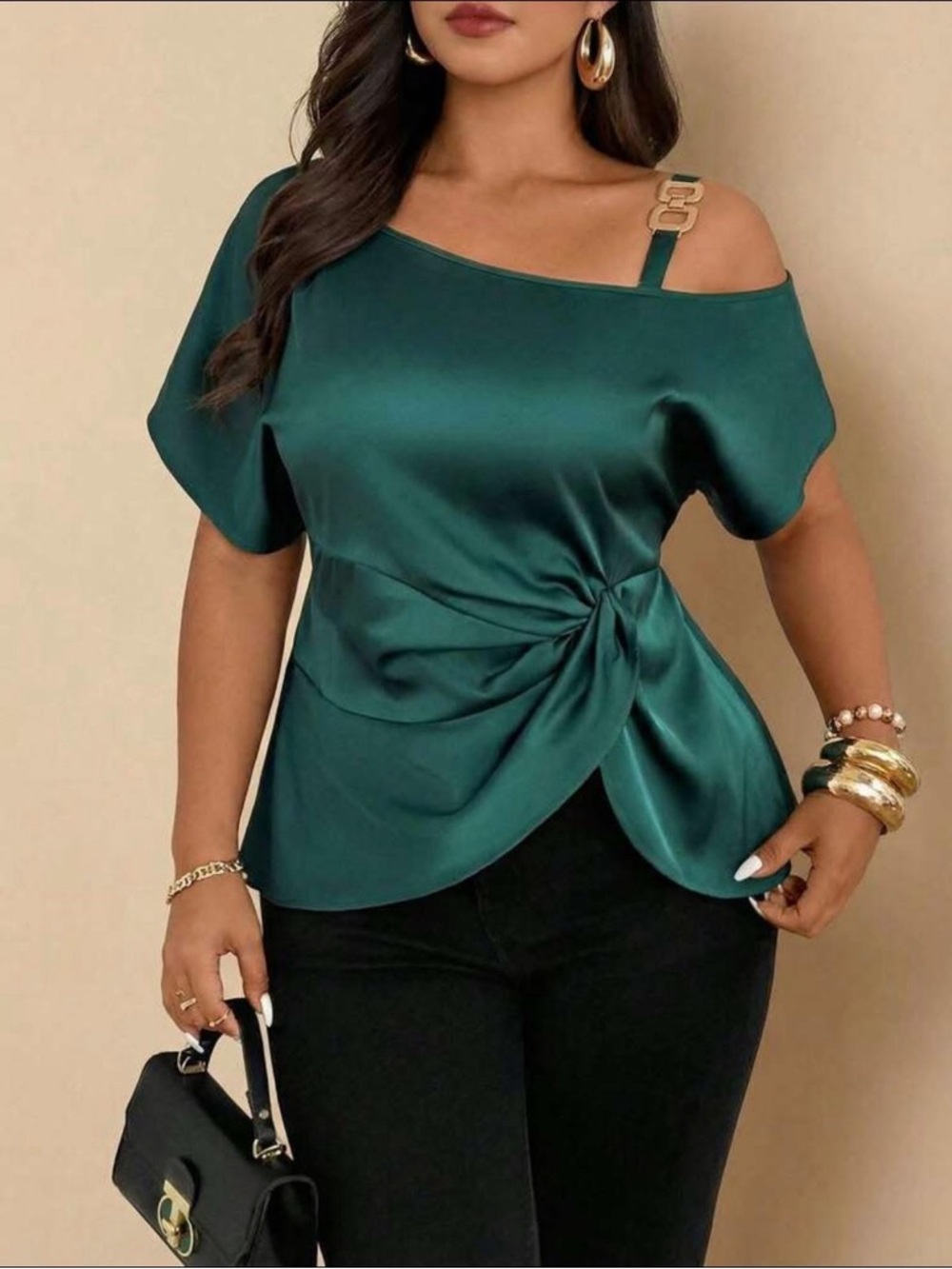 Emerald Satin Twist-Front Off-Shoulder Top - Women
